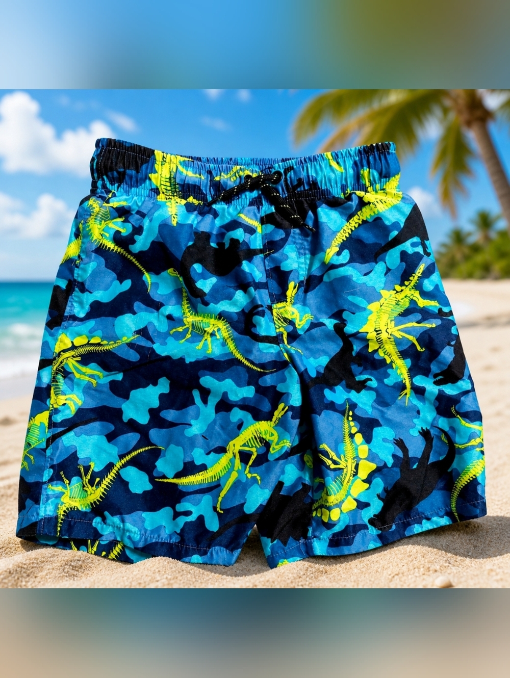 Boys Size 8 Dinosaur Swim Trunks Blue Camo Print Elastic Waist EUC